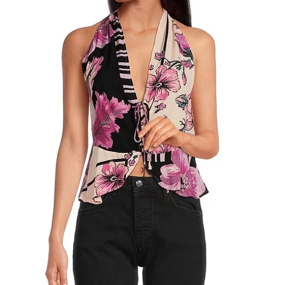 Free People XSm Top Hot Tropics Floral Dark Combo Cinched Halter Racerback NWT - Picture 7 of 9
